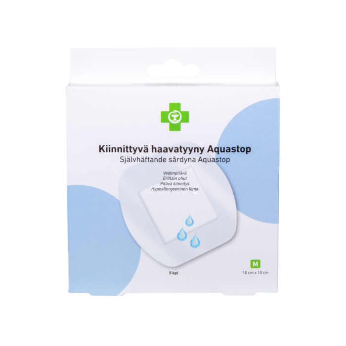 1000014421_Apteekki_Kiinnittyva_haavatyyny_Aquastop_M_10_cm_x_10_cm_5_kpl_rasia_pakkauskuva_Pakkauskuva22628_jpg